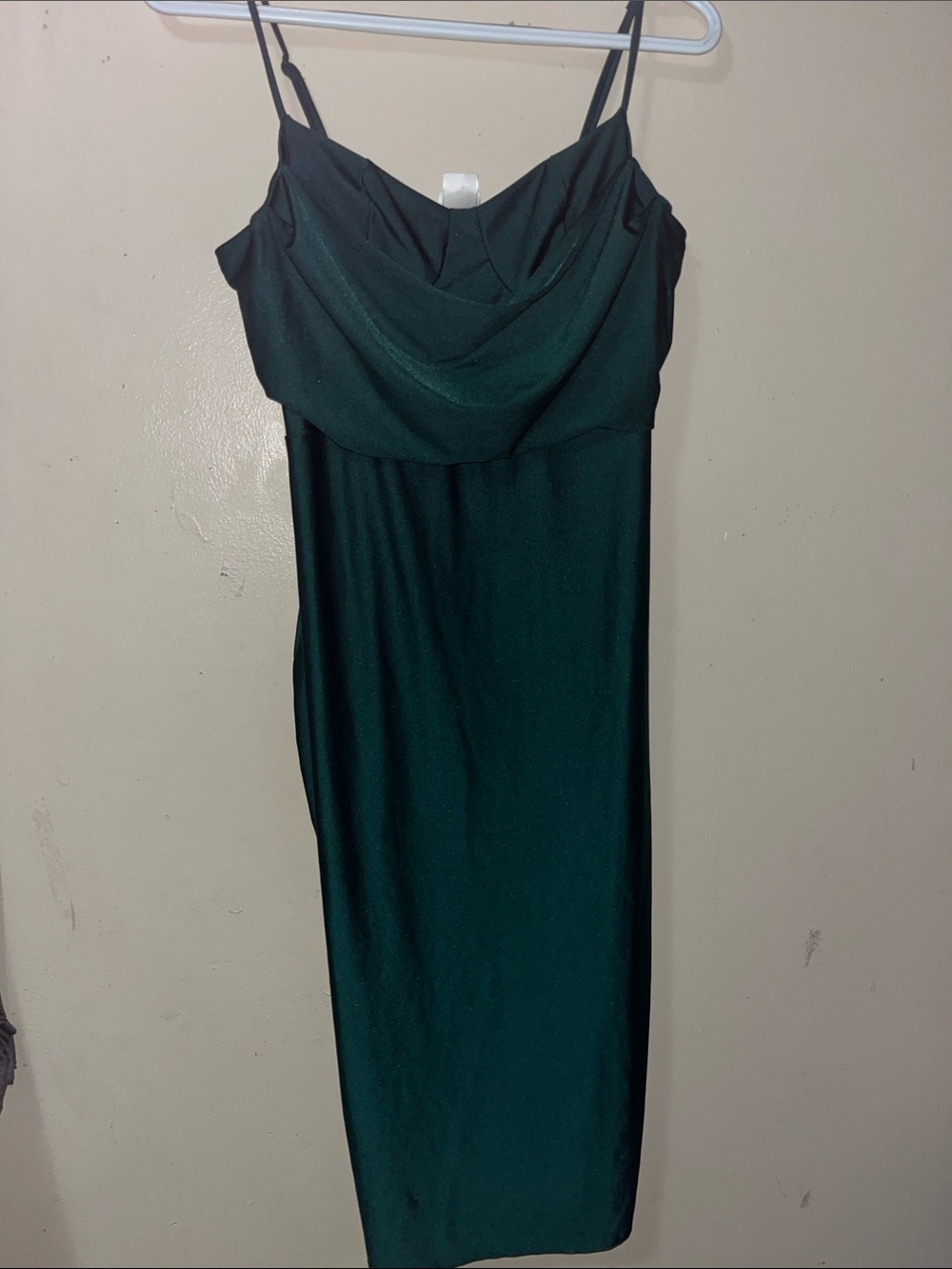 Satin Cowl Neck Midi Dress in Emerald Green